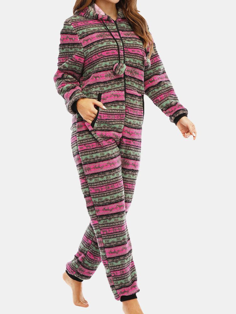 Damen Weihnachtsfleece Gestreifter Home Kordelzug Langarm One Sets Kapuzenpyjama