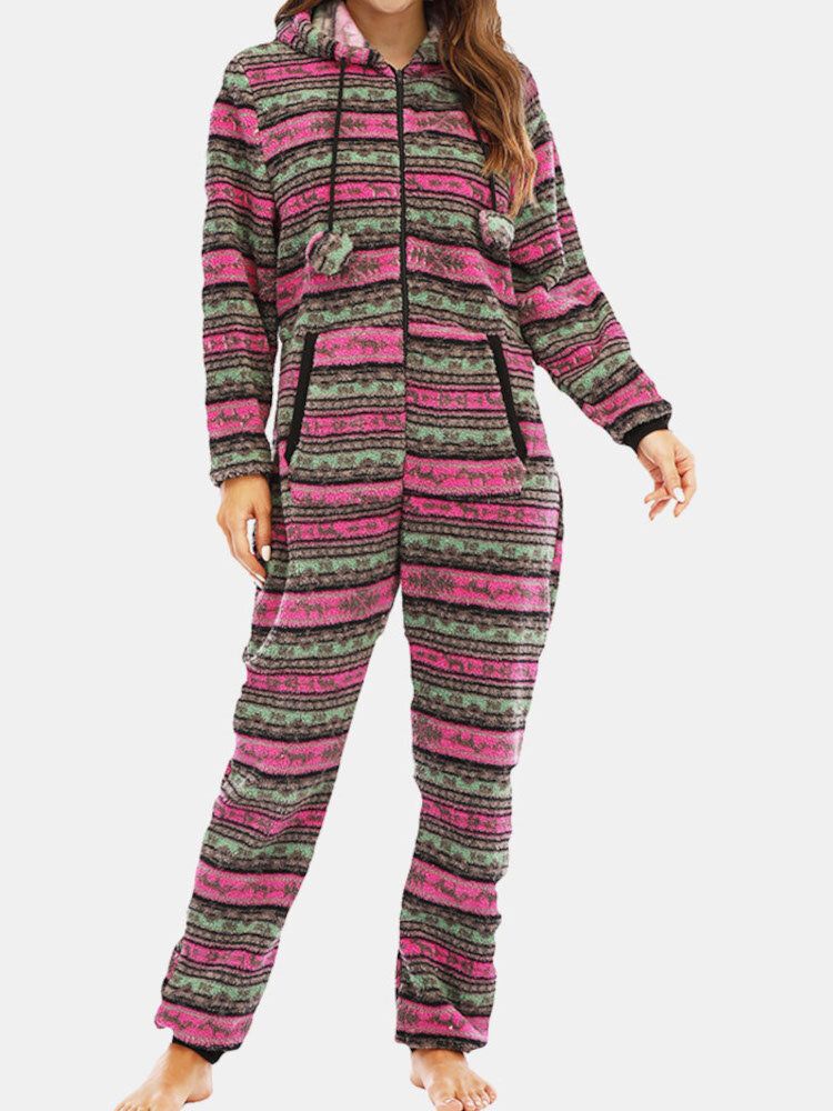 Damen Weihnachtsfleece Gestreifter Home Kordelzug Langarm One Sets Kapuzenpyjama