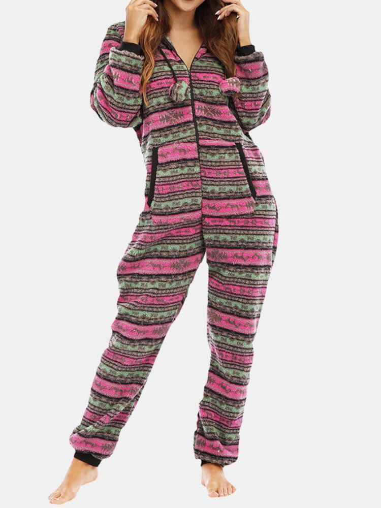 Damen Weihnachtsfleece Gestreifter Home Kordelzug Langarm One Sets Kapuzenpyjama