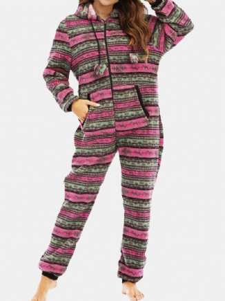 Damen Weihnachtsfleece Gestreifter Home Kordelzug Langarm One Sets Kapuzenpyjama