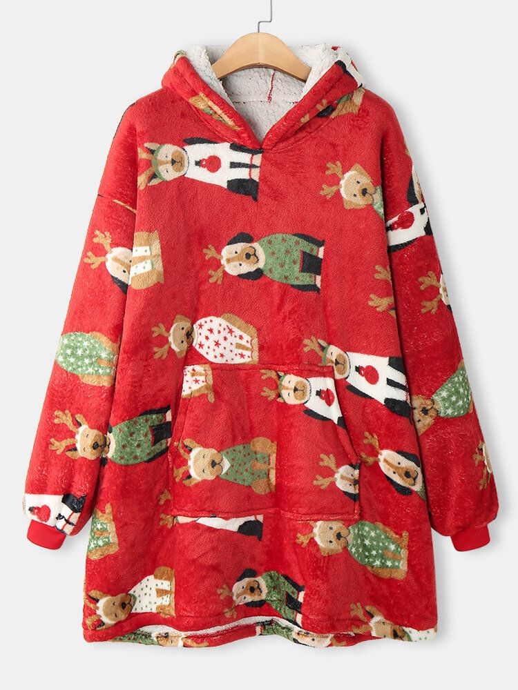 Dicker Weihnachtlicher Cartoon-tierdruck-flanell-fleece-gefütterter Übergroßer Warmer Pyjama Für Damen