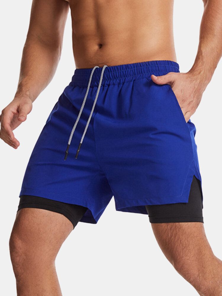 Einfarbige Schnell Trocknende Sportliche Lässige Doppellagige Boardshorts Mit Stretch Für Herren