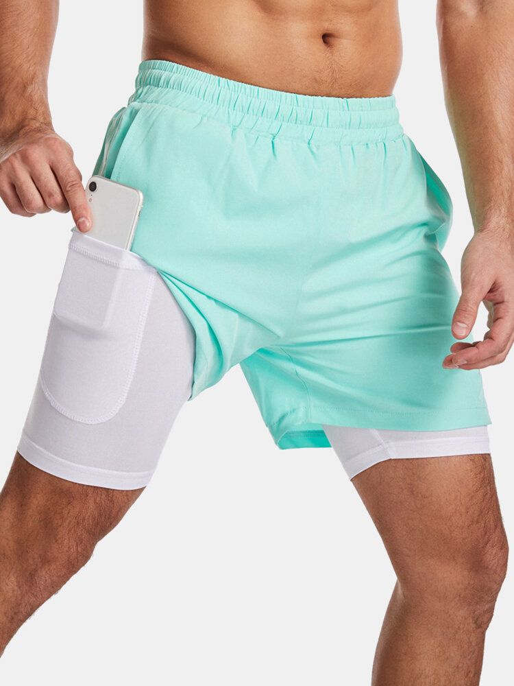 Einfarbige Schnell Trocknende Sportliche Lässige Doppellagige Boardshorts Mit Stretch Für Herren