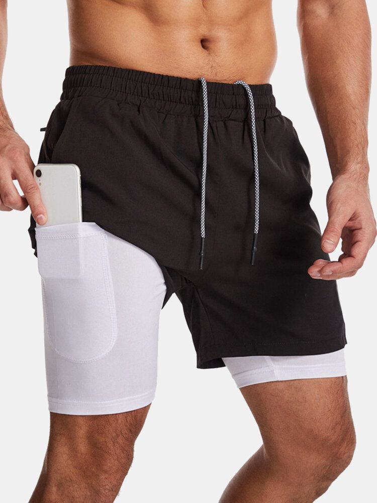 Einfarbige Schnell Trocknende Sportliche Lässige Doppellagige Boardshorts Mit Stretch Für Herren