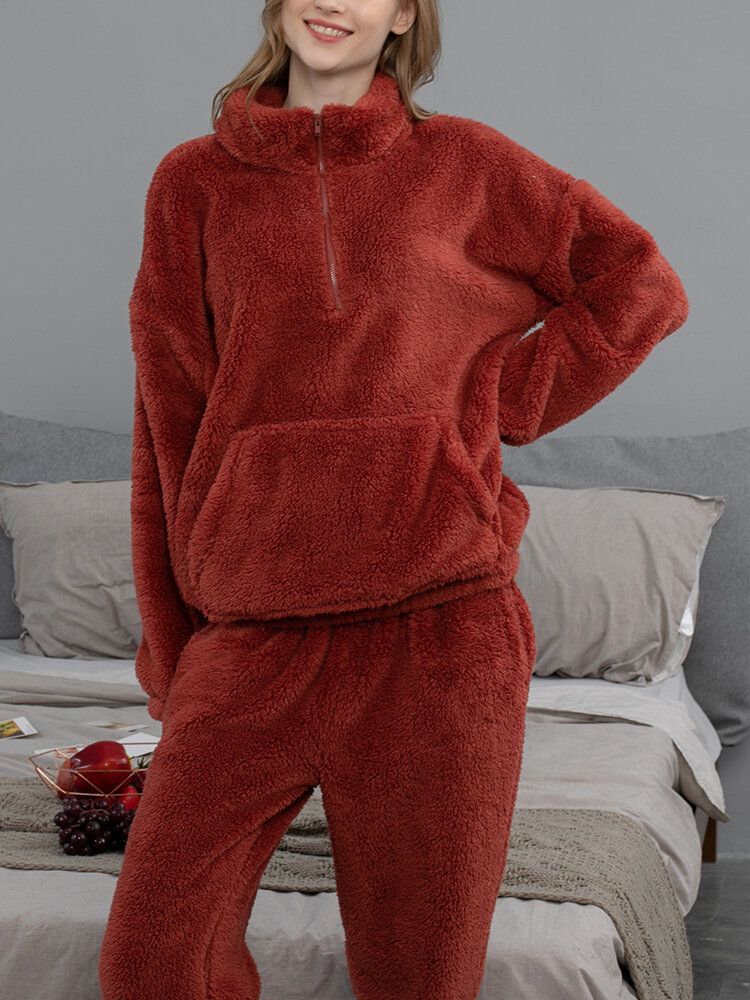 Einfarbiger Flauschiger Damen-pullover Mit Kängurutasche Joggerhose Heim-pyjama-set