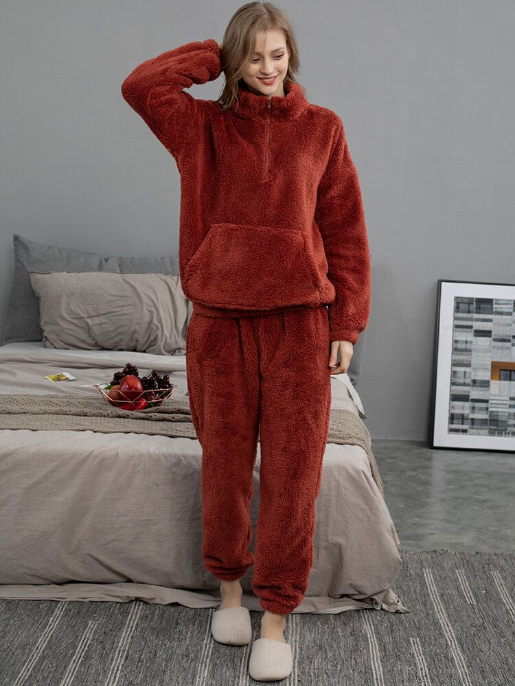 Einfarbiger Flauschiger Damen-pullover Mit Kängurutasche Joggerhose Heim-pyjama-set