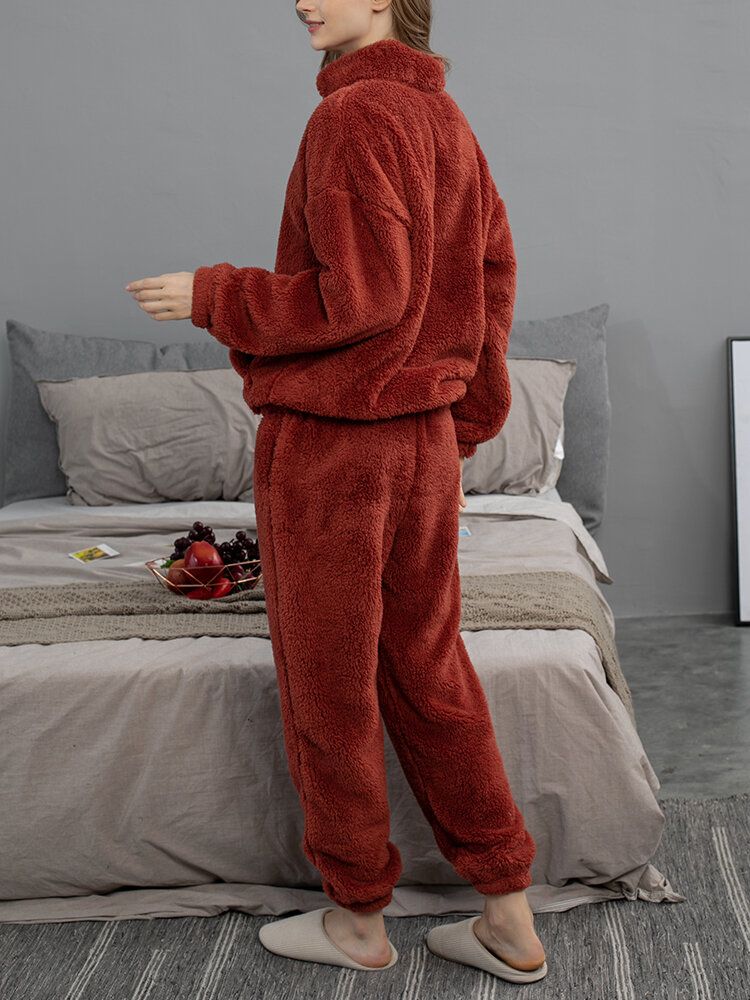 Einfarbiger Flauschiger Damen-pullover Mit Kängurutasche Joggerhose Heim-pyjama-set