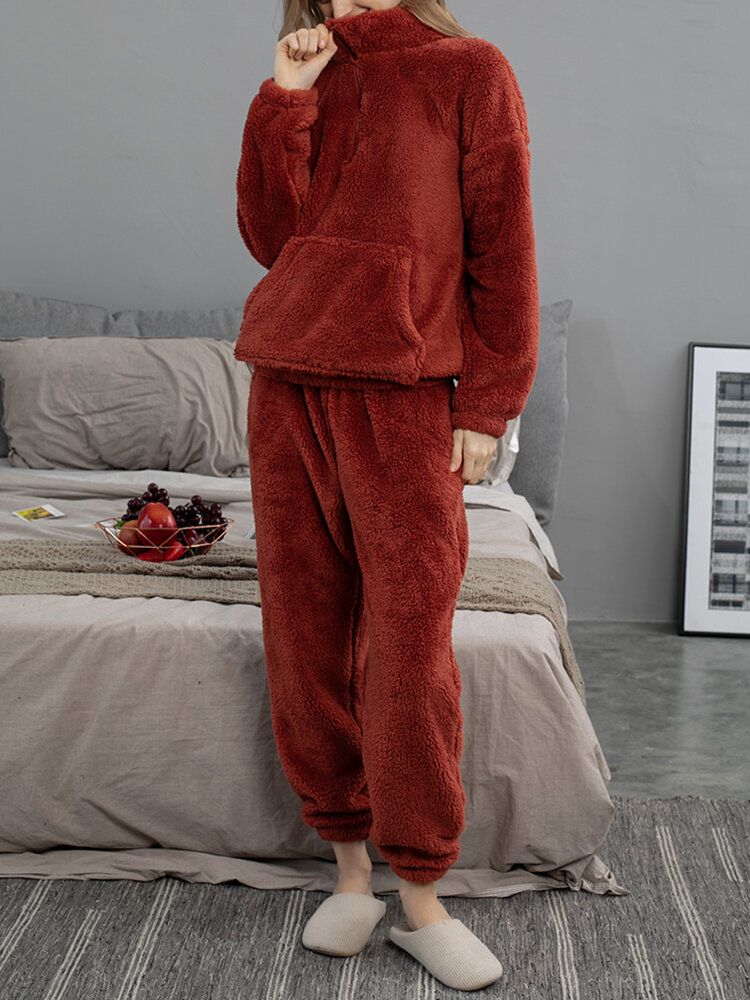 Einfarbiger Flauschiger Damen-pullover Mit Kängurutasche Joggerhose Heim-pyjama-set