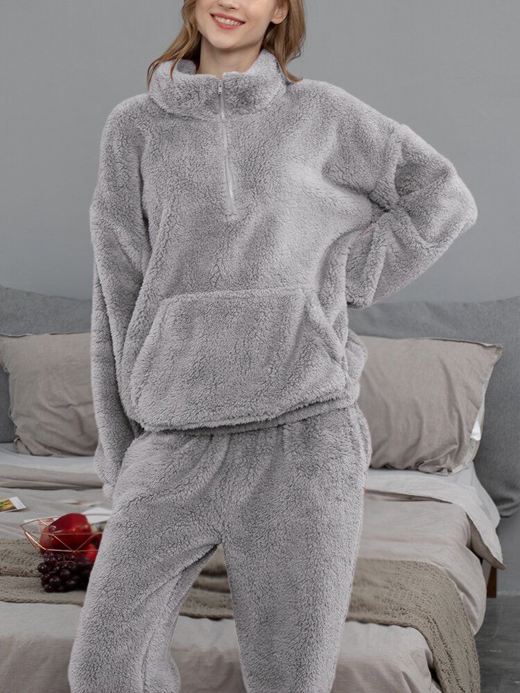 Einfarbiger Flauschiger Damen-pullover Mit Kängurutasche Joggerhose Heim-pyjama-set