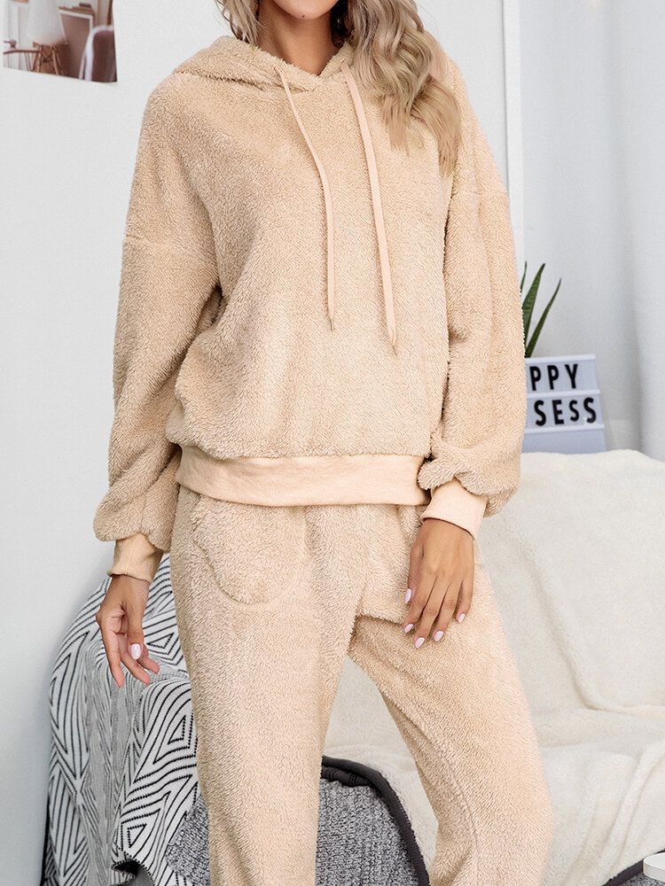 Einfarbiger Fleece-pullover Mit Kapuze Joggerhose Für Damen Zweiteiliges Home-fuzzy-pyjama-set