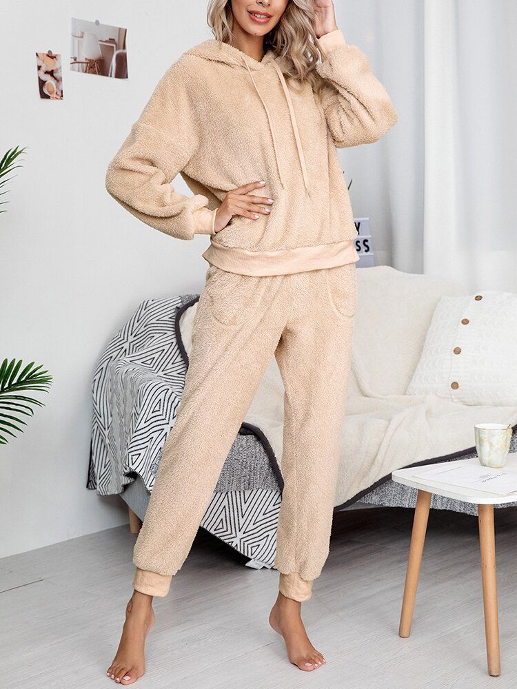 Einfarbiger Fleece-pullover Mit Kapuze Joggerhose Für Damen Zweiteiliges Home-fuzzy-pyjama-set