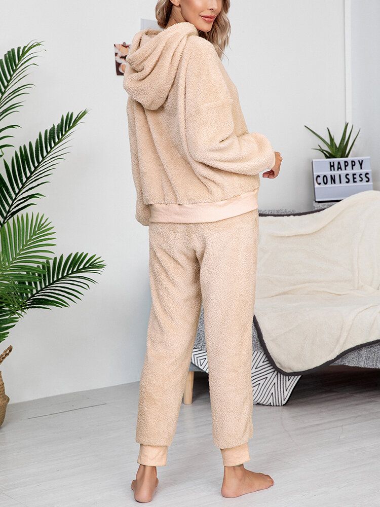 Einfarbiger Fleece-pullover Mit Kapuze Joggerhose Für Damen Zweiteiliges Home-fuzzy-pyjama-set