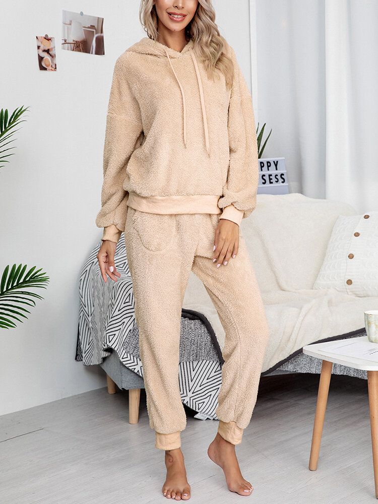 Einfarbiger Fleece-pullover Mit Kapuze Joggerhose Für Damen Zweiteiliges Home-fuzzy-pyjama-set