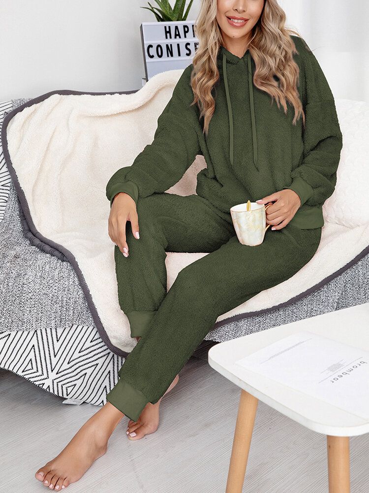 Einfarbiger Fleece-pullover Mit Kapuze Joggerhose Für Damen Zweiteiliges Home-fuzzy-pyjama-set