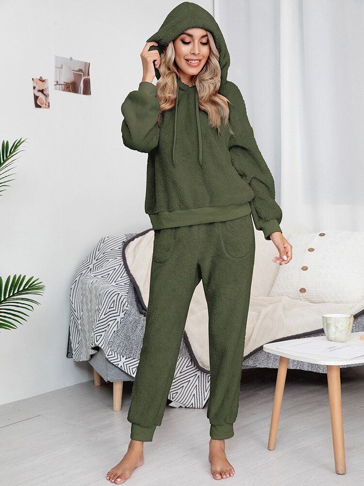 Einfarbiger Fleece-pullover Mit Kapuze Joggerhose Für Damen Zweiteiliges Home-fuzzy-pyjama-set