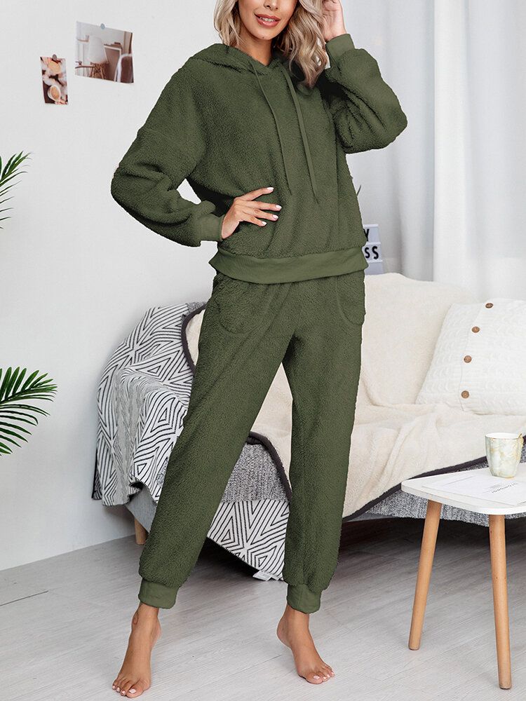 Einfarbiger Fleece-pullover Mit Kapuze Joggerhose Für Damen Zweiteiliges Home-fuzzy-pyjama-set