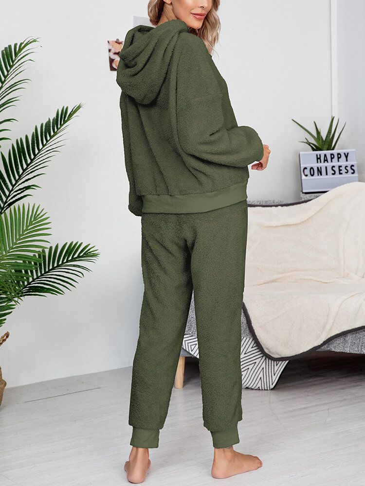 Einfarbiger Fleece-pullover Mit Kapuze Joggerhose Für Damen Zweiteiliges Home-fuzzy-pyjama-set