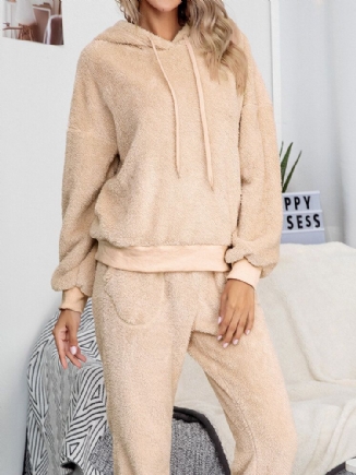 Einfarbiger Fleece-pullover Mit Kapuze Joggerhose Für Damen Zweiteiliges Home-fuzzy-pyjama-set