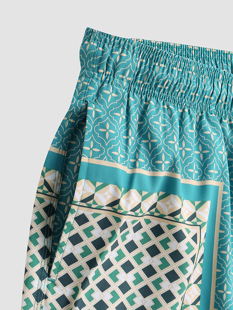 Elegante Print-patchwork-retro-stil-leichtbau-shorts Mit Kordelzug Für Herren