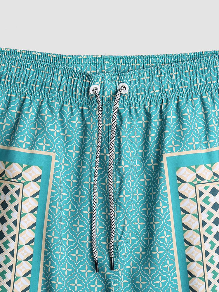 Elegante Print-patchwork-retro-stil-leichtbau-shorts Mit Kordelzug Für Herren