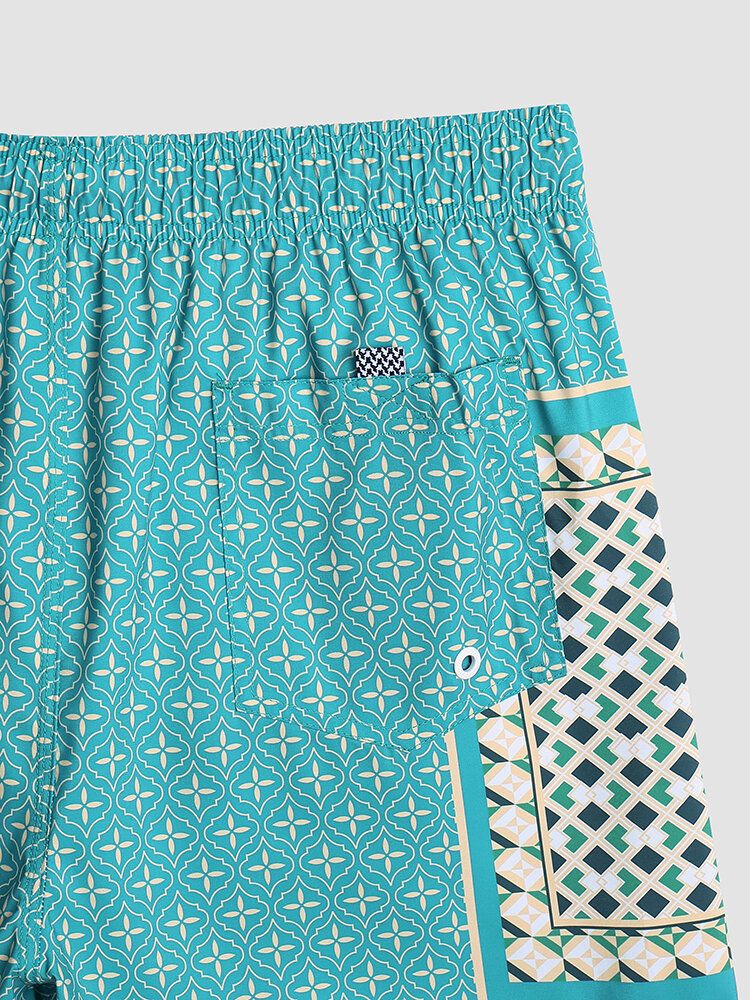 Elegante Print-patchwork-retro-stil-leichtbau-shorts Mit Kordelzug Für Herren