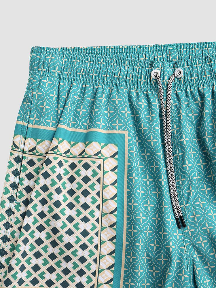 Elegante Print-patchwork-retro-stil-leichtbau-shorts Mit Kordelzug Für Herren