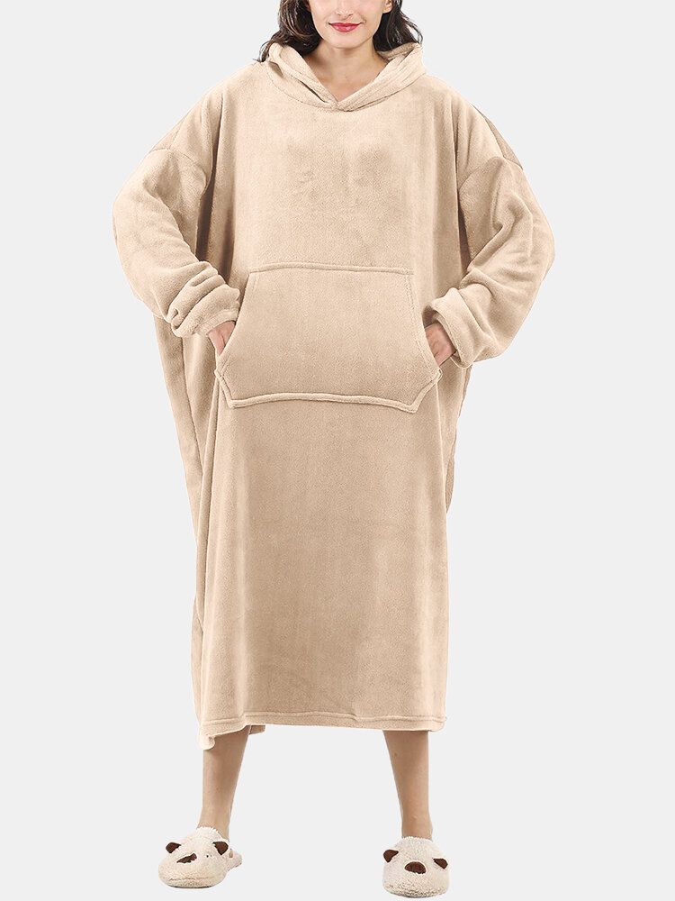 Flauschige Warme Tragbare Damen-decke Aus Flanell Übergroßer Langer Hoodie Mit Kängurutasche