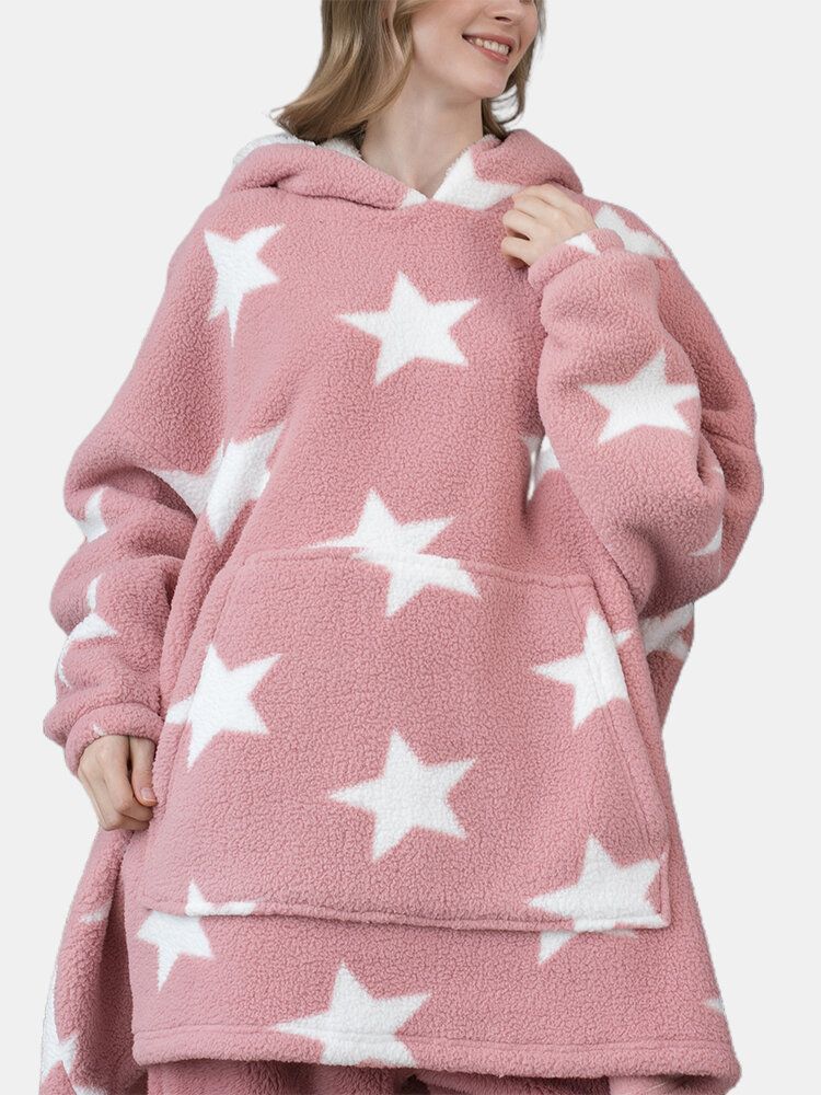 Frauen Allover Stars Verdicken Warme Fleece-hoodie Mit Lockerer Decke Und Kängurutasche