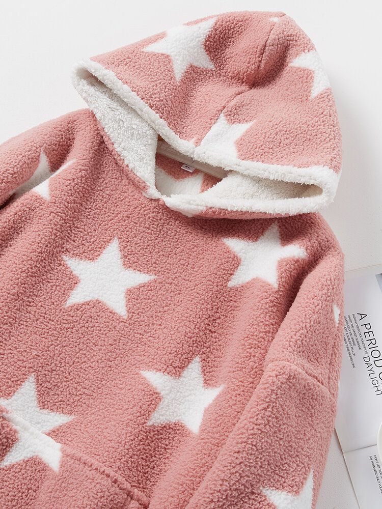 Frauen Allover Stars Verdicken Warme Fleece-hoodie Mit Lockerer Decke Und Kängurutasche