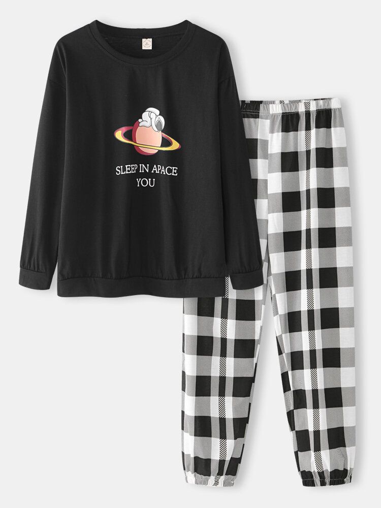 Frauen Cartoon Astronaut Print Rundhals-baumwoll-pyjama-sets Mit Karierten Hosen Mit Bündchen