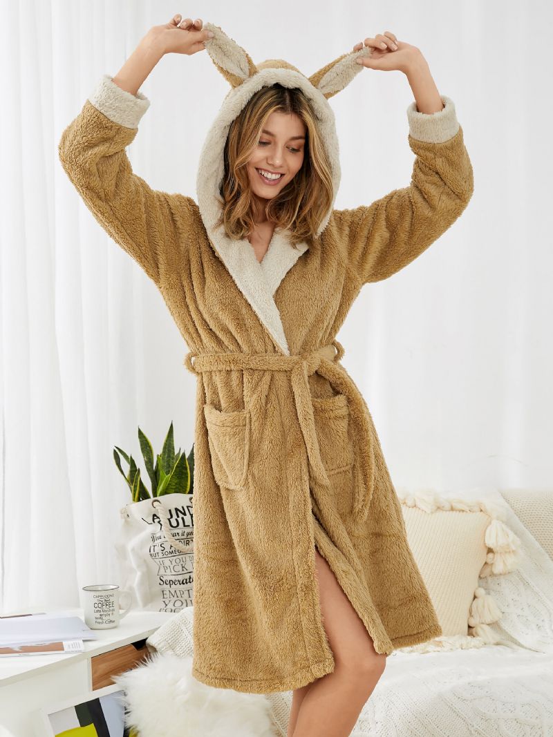 Frauen Dicker Niedlicher Hasenohr-fleece Mit Kapuze Warm Home Loose Lace-up Robe