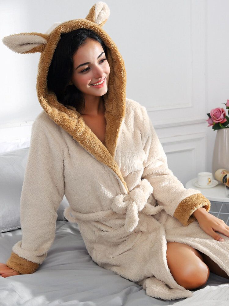 Frauen Dicker Niedlicher Hasenohr-fleece Mit Kapuze Warm Home Loose Lace-up Robe