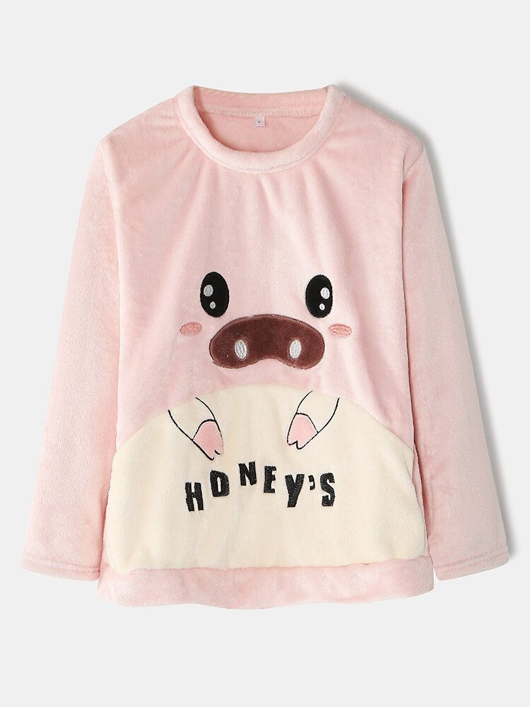 Frauen-flanell-schwein-grafik-langarm-sweatshirts Mit Elastischer Taille Hosen Verdicken Das Pyjama-set