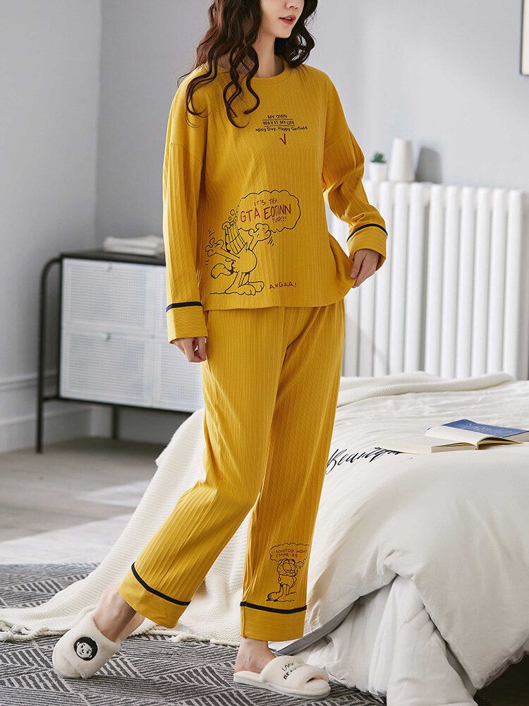 Frauen Gerippter Buchstabe-druck-karikatur-graffiti-pullover-elastische Taillen-taschen-ausgangsbeiläufiges Gelbes Pyjama-set