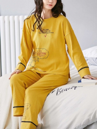 Frauen Gerippter Buchstabe-druck-karikatur-graffiti-pullover-elastische Taillen-taschen-ausgangsbeiläufiges Gelbes Pyjama-set