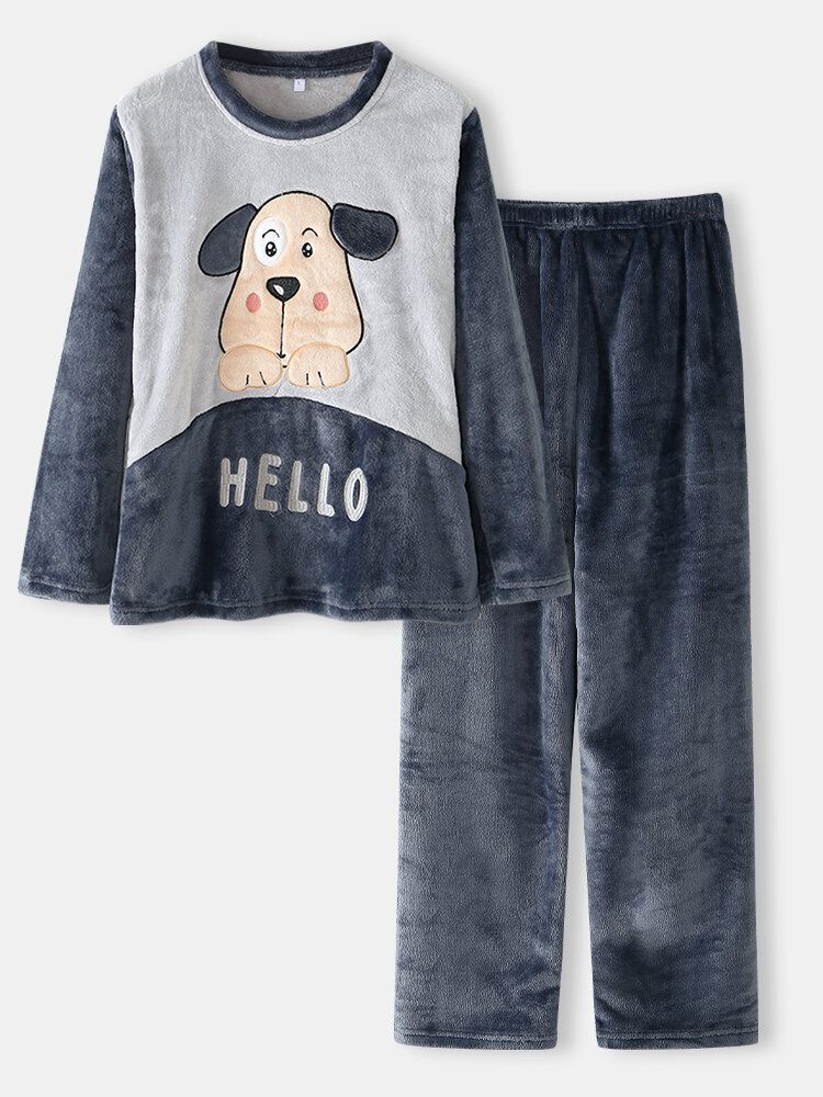 Frauen Hallo Cartoon Hund Muster Seitentasche Top Plüsch Home Lässige Pyjama-set