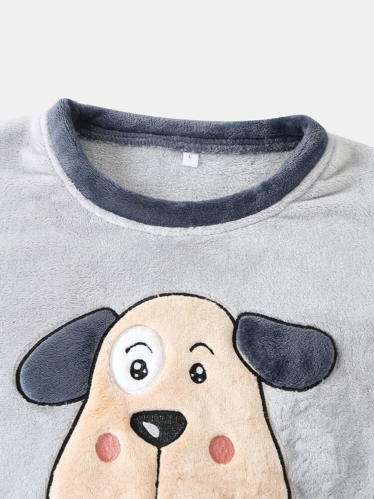 Frauen Hallo Cartoon Hund Muster Seitentasche Top Plüsch Home Lässige Pyjama-set