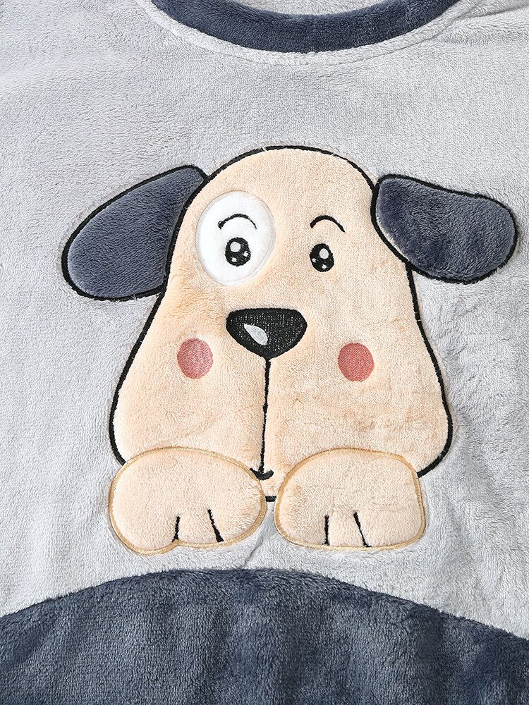 Frauen Hallo Cartoon Hund Muster Seitentasche Top Plüsch Home Lässige Pyjama-set