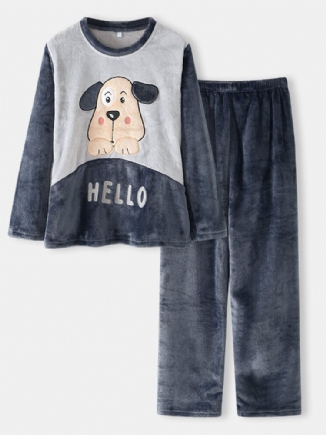 Frauen Hallo Cartoon Hund Muster Seitentasche Top Plüsch Home Lässige Pyjama-set