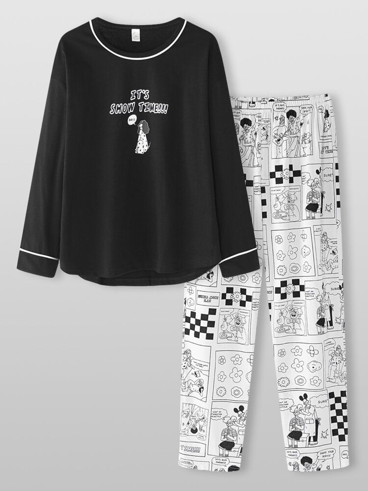 Frauen-karikatur-anime-druck-schwarzer Pullover-elastische Taillen-hosen-hause-pyjama-set