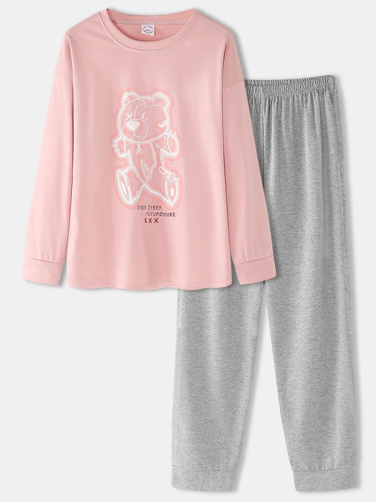 Frauen-karikatur-druck-rosa-pullover-elastische Taillen-taschen-hause-beiläufige Pyjamas