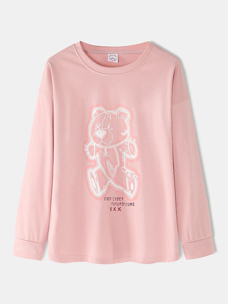 Frauen-karikatur-druck-rosa-pullover-elastische Taillen-taschen-hause-beiläufige Pyjamas