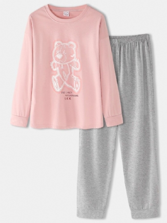 Frauen-karikatur-druck-rosa-pullover-elastische Taillen-taschen-hause-beiläufige Pyjamas