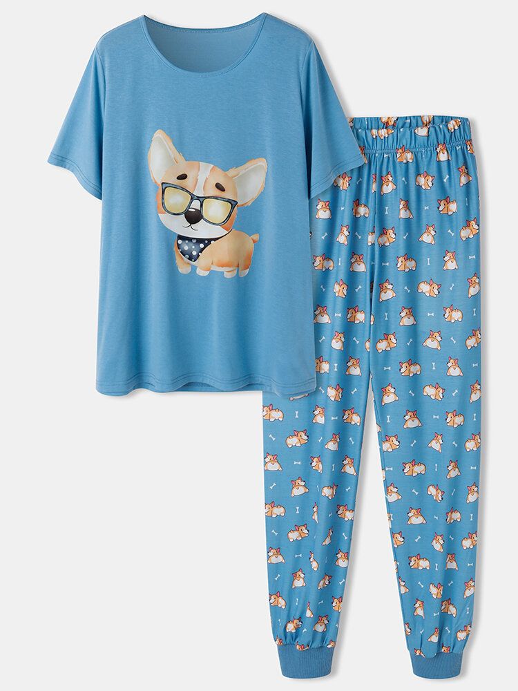 Frauen-karikatur-hundedruck-kurzarm-niedliche Manschetten-hosen-pyjama-sets