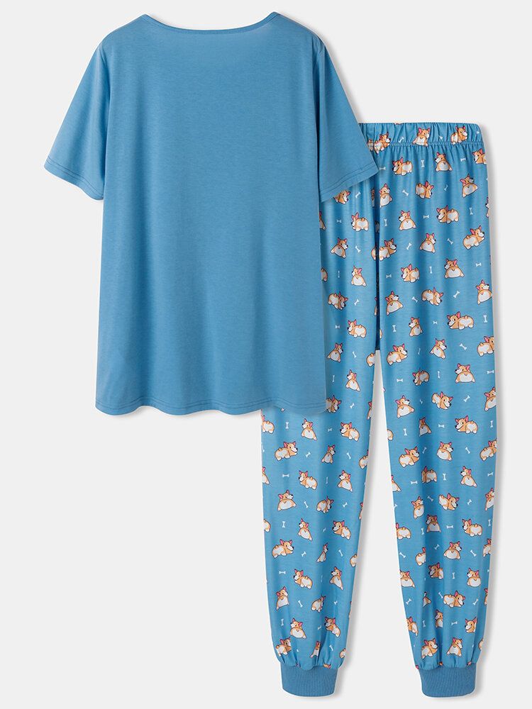 Frauen-karikatur-hundedruck-kurzarm-niedliche Manschetten-hosen-pyjama-sets