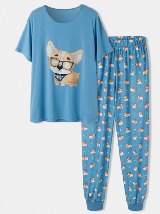 Frauen-karikatur-hundedruck-kurzarm-niedliche Manschetten-hosen-pyjama-sets