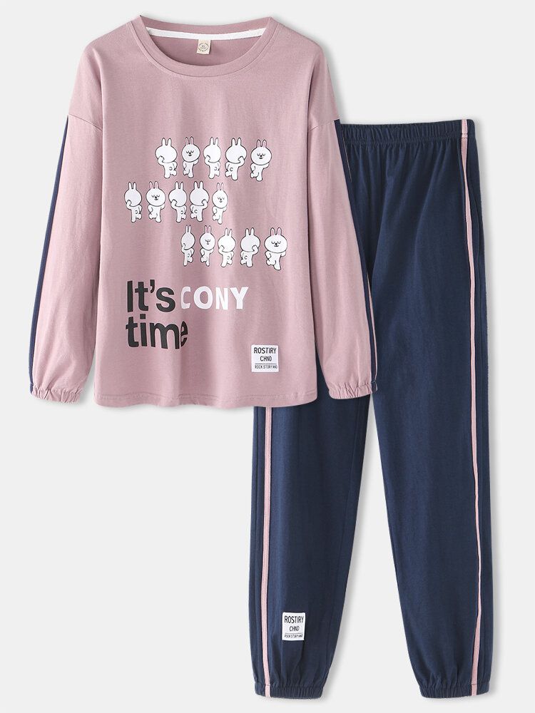 Frauen-karikatur-kaninchen-druck-lange Hülsen-elastische Taillen-jogger-hose-ausgangsbaumwollpyjama-sets