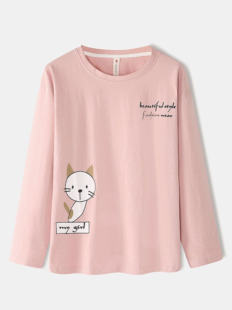 Frauen-karikatur-katzen-druck-langarm-pullover-elastische Taillen-taschen-hosen-rosa-heim-pyjama-set