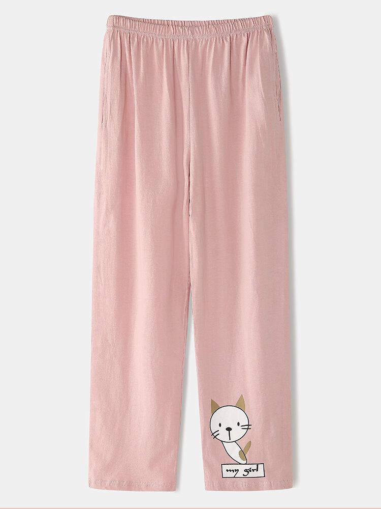 Frauen-karikatur-katzen-druck-langarm-pullover-elastische Taillen-taschen-hosen-rosa-heim-pyjama-set