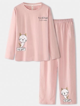 Frauen-karikatur-katzen-druck-langarm-pullover-elastische Taillen-taschen-hosen-rosa-heim-pyjama-set